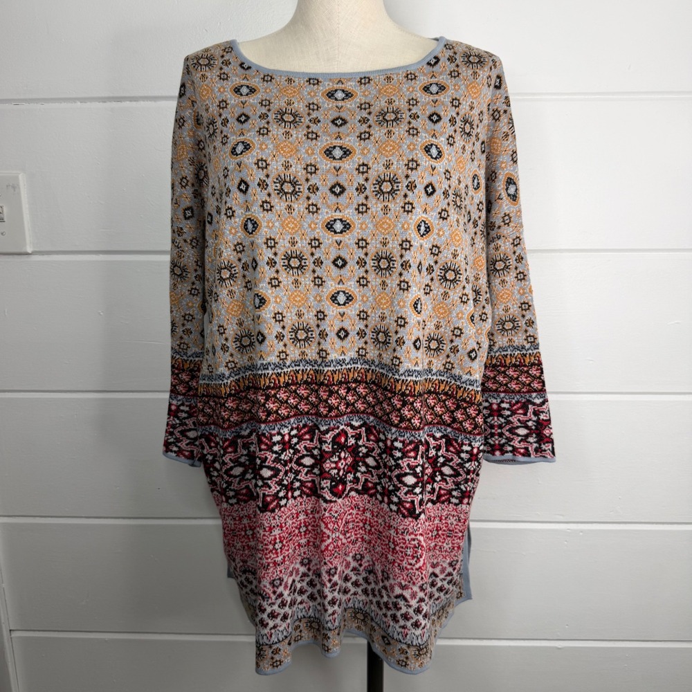 J Jill Large Linen Cotton Knit Sweater 3/4‎ Sleeve Boho Lagenlook Geometric